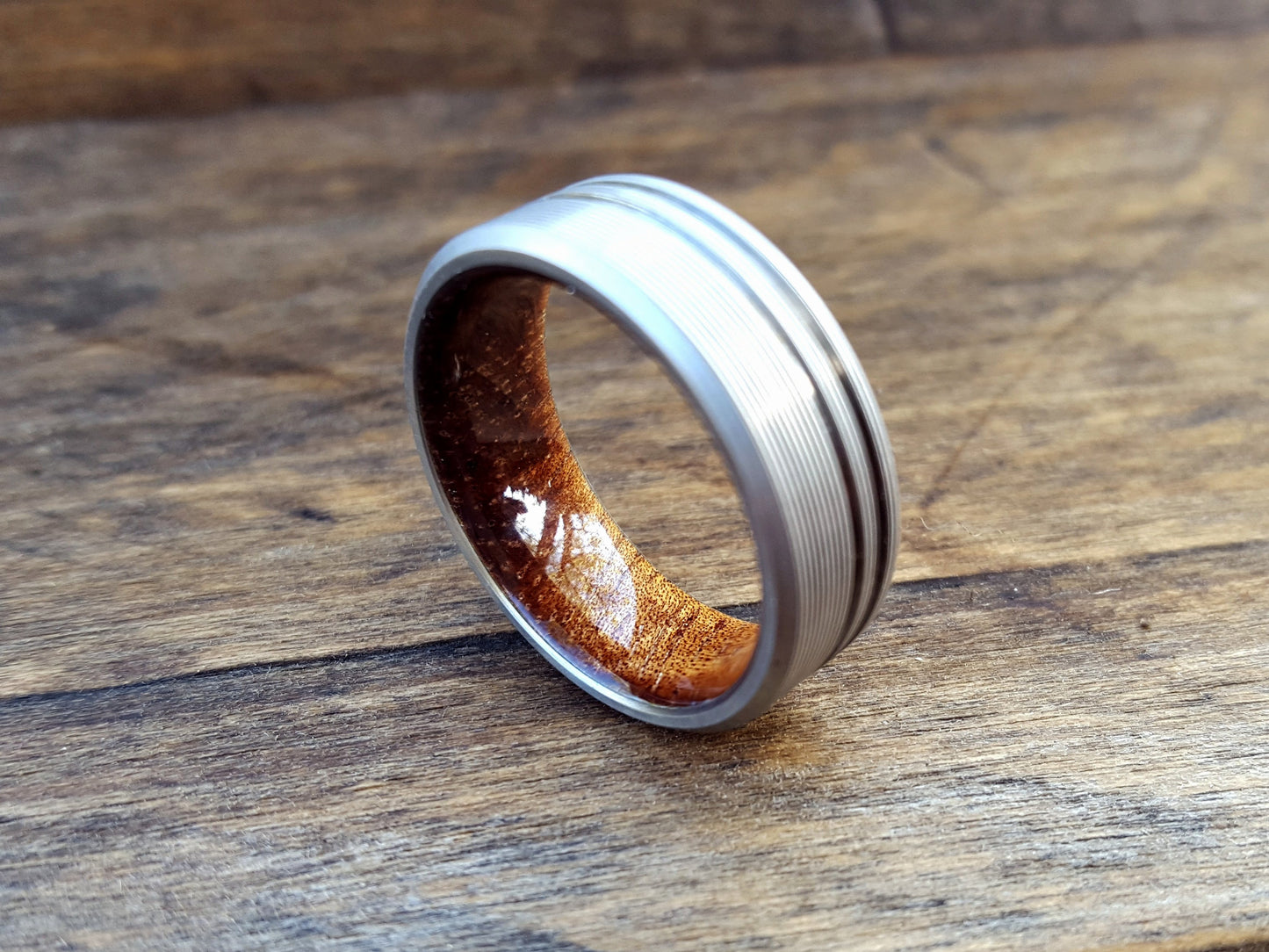 Hawaiian Koa wood and brushed titanium mens ring