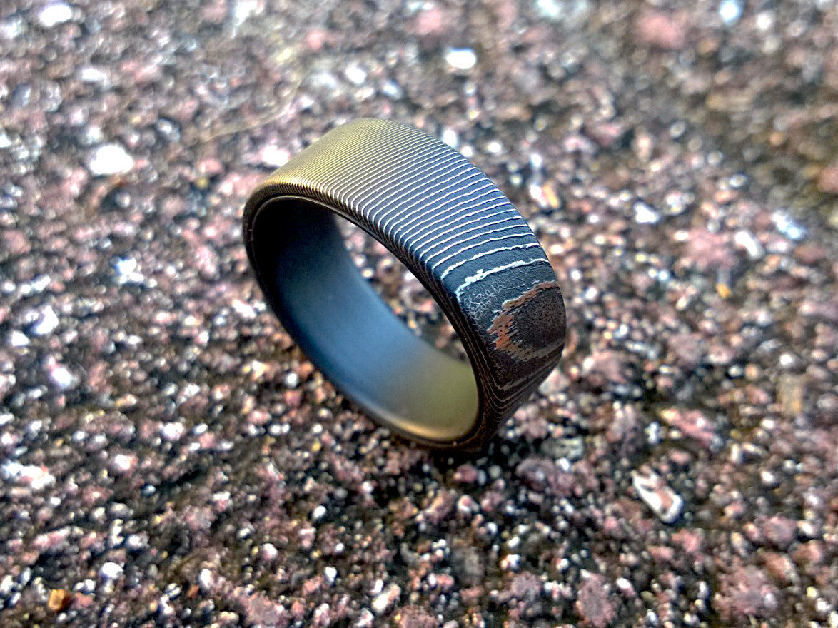 High contrast stainless damascus steel and matte black titanium men's wedding band