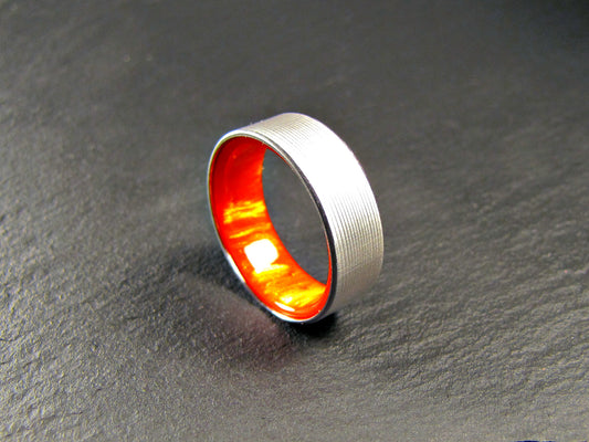 red-orange acrylic resin and titanium mens wedding band