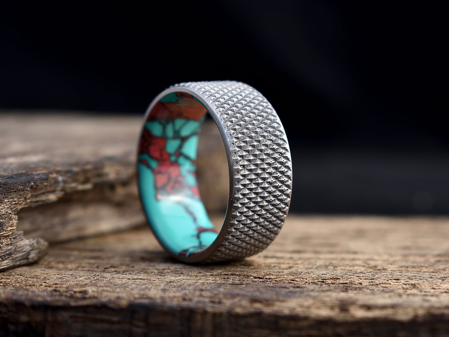 Knurled titanium mens wedding band with turquoise tru stone liner