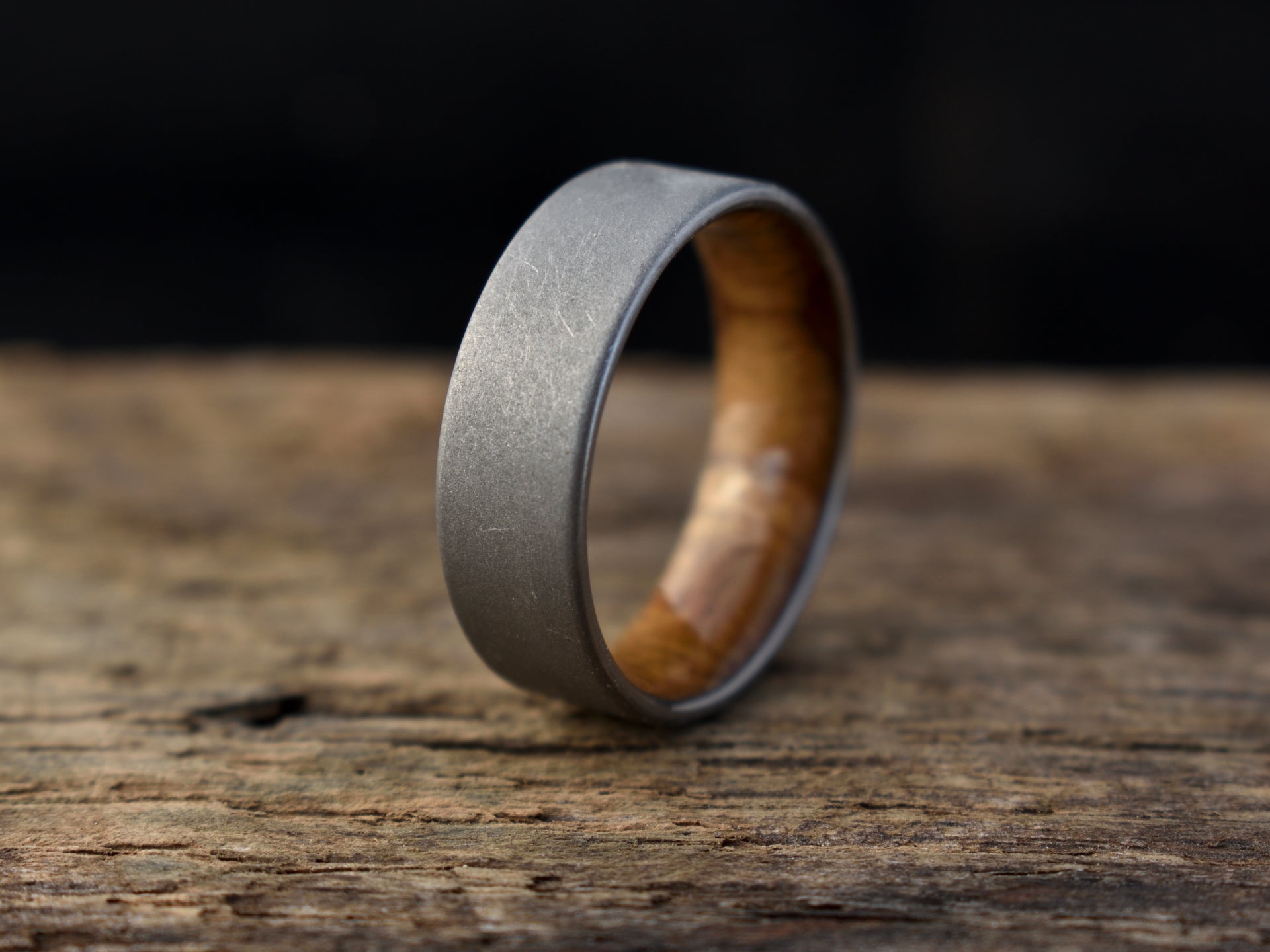 Stonewashed Titanium and Teak Wood Ring