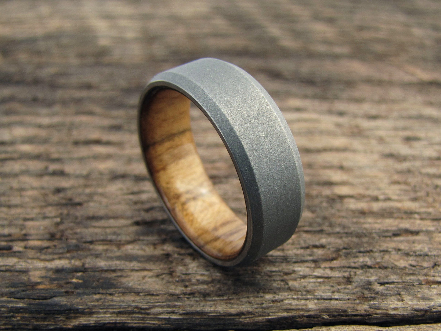 Stonewashed titanium and teak wood mens ring