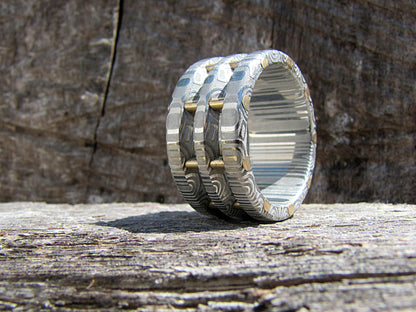 Steampunk style Damascus steel and brass mens ring
