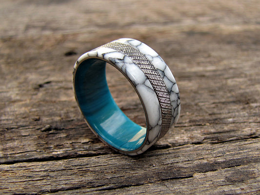 Knurled titanium and white turquoise tru-stone mens ring