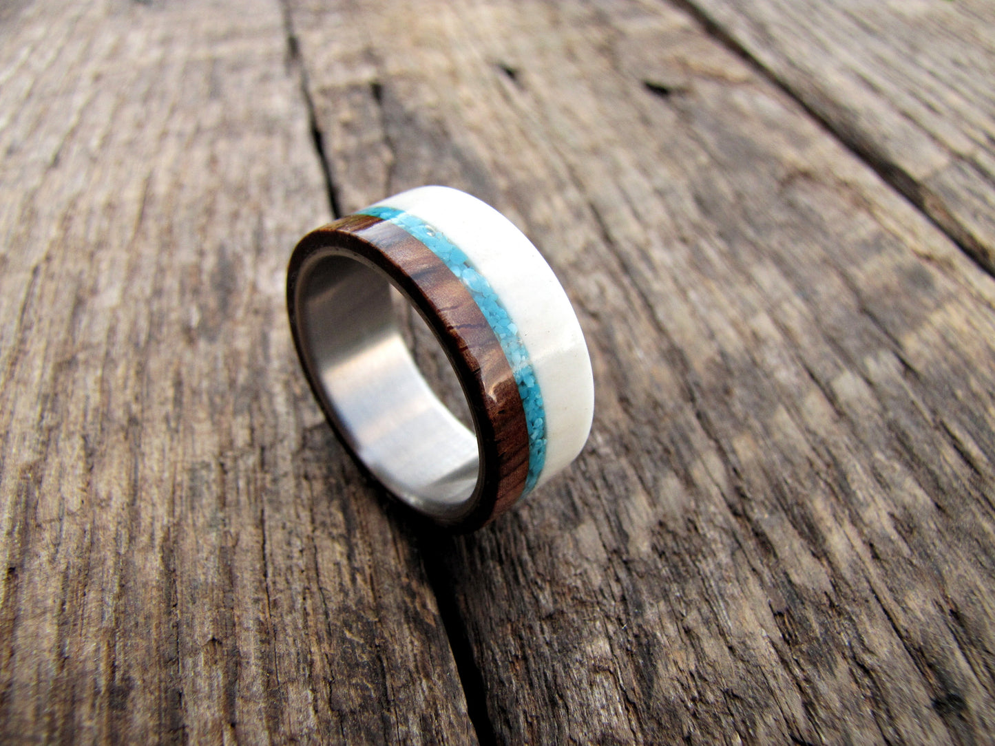 Cocobolo wood, deer antler, and turquoise mens wedding ring