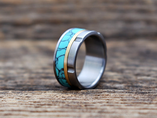Turquoise tru-stone and titanium mens wedding ring with brass inlay