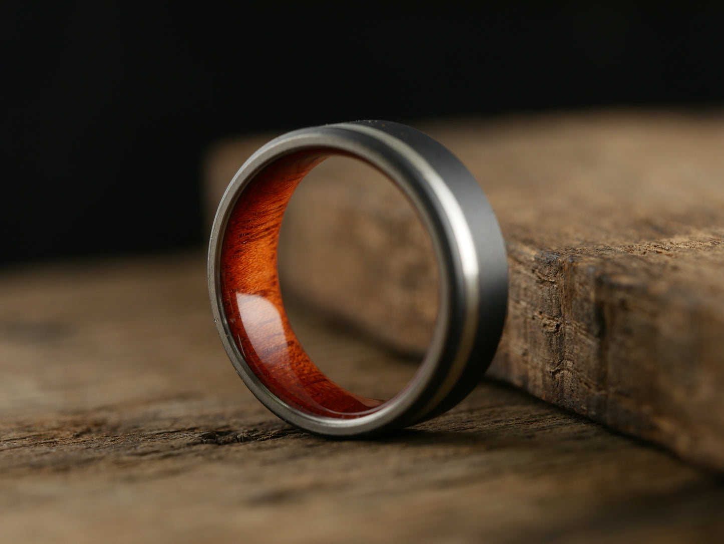 Bloodwood Inlay in Titanium Ring, Exotic Hard Wood Wedding Band , Wood rings